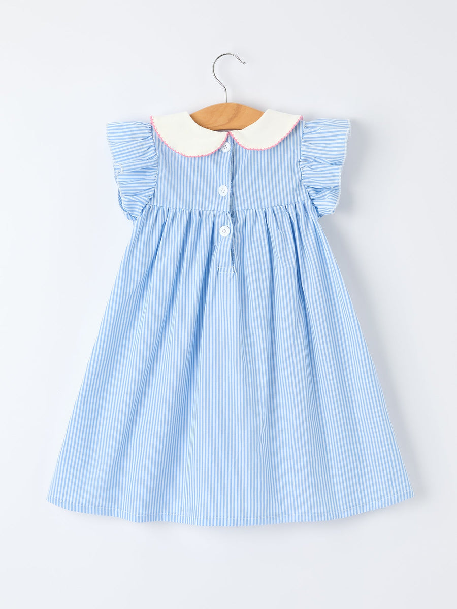 Girls Blue Stripe Dress with Peter Pan Collar & Bow