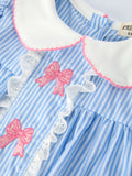 Girls Blue Stripe Dress with Peter Pan Collar & Bow - 3