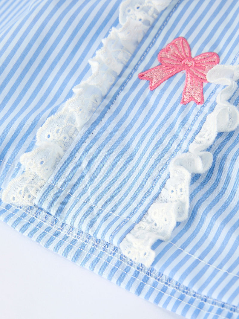 Girls Blue Stripe Dress with Peter Pan Collar & Bow - 4