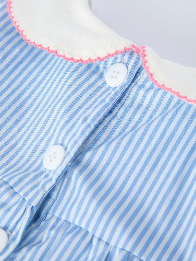 Girls Blue Stripe Dress with Peter Pan Collar & Bow - 5