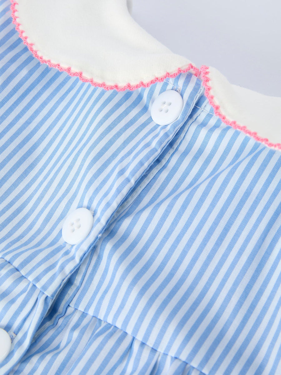 Girls Blue Stripe Dress with Peter Pan Collar & Bow