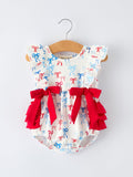 4th of july Bow Print Baby Girl Romper With Ruffle Details - 1
