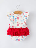 4th of july Bow Print Baby Girl Romper With Ruffle Details - 2