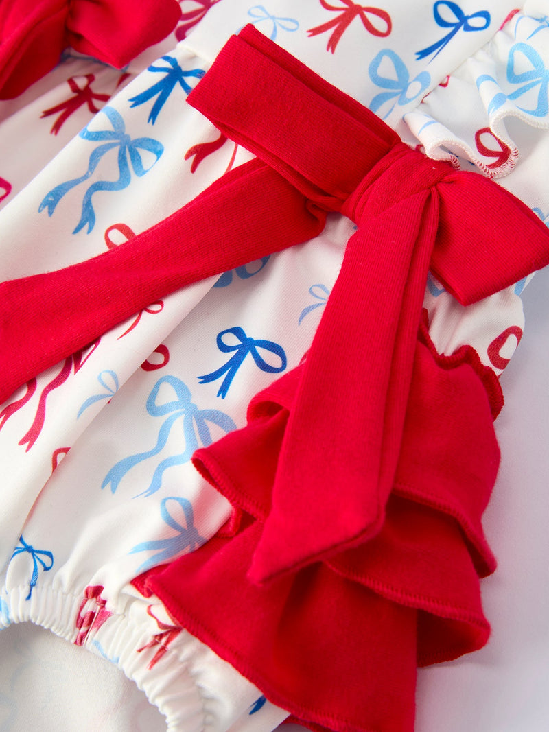 4th of july Bow Print Baby Girl Romper With Ruffle Details - 4