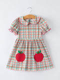 Back to School Plaid Girls Dress Apple Applique Peter Pan Collar - 1