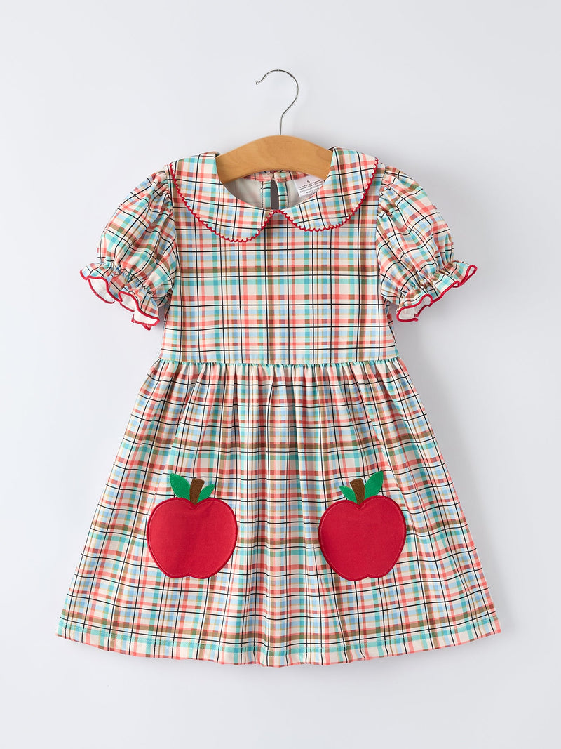 Back to School Plaid Girls Dress Apple Applique Peter Pan Collar - 1