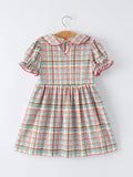 Back to School Plaid Girls Dress Apple Applique Peter Pan Collar - 2
