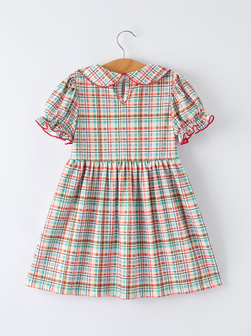 Back to School Plaid Girls Dress Apple Applique Peter Pan Collar - 2