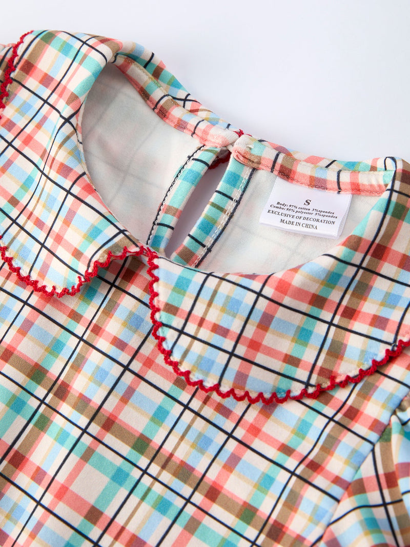 Back to School Plaid Girls Dress Apple Applique Peter Pan Collar - 3