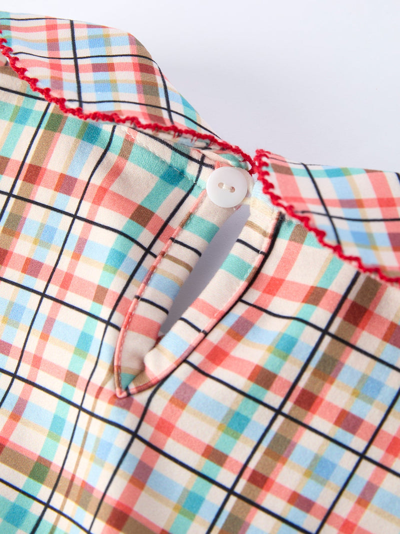 Back to School Plaid Girls Dress Apple Applique Peter Pan Collar - 4