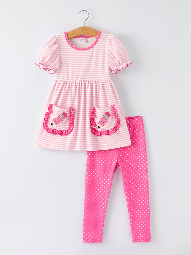 Back To School Girls' Pencil Applique Striped Set - 1