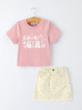 Flower Letter Girl Short Sleeve Top Denim Skirt Set - 1