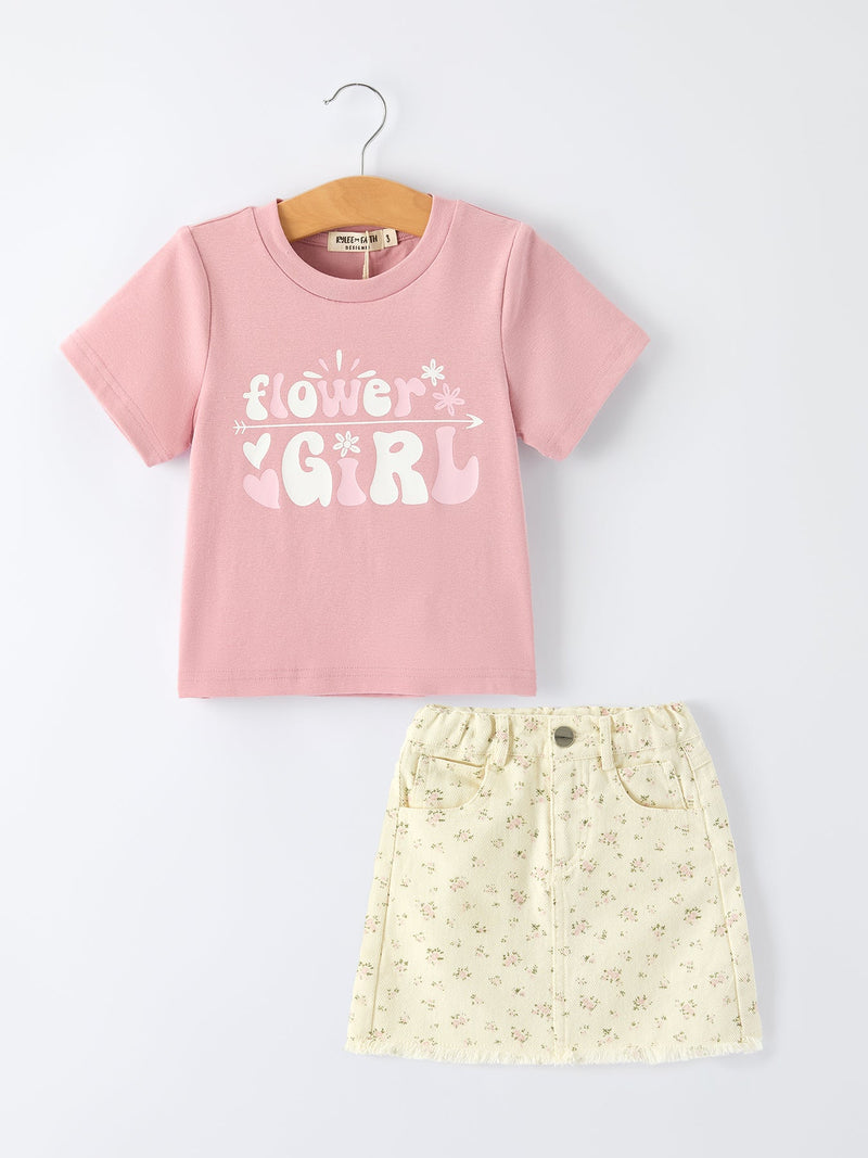 Flower Letter Girl Short Sleeve Top Denim Skirt Set - 1