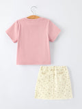Flower Letter Girl Short Sleeve Top Denim Skirt Set - 2
