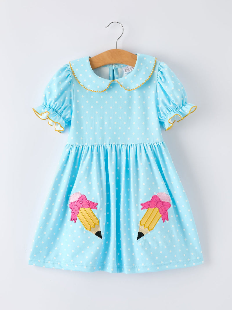 Back to School Polka Dot Girls Dress Pencil Bow Applique - 1