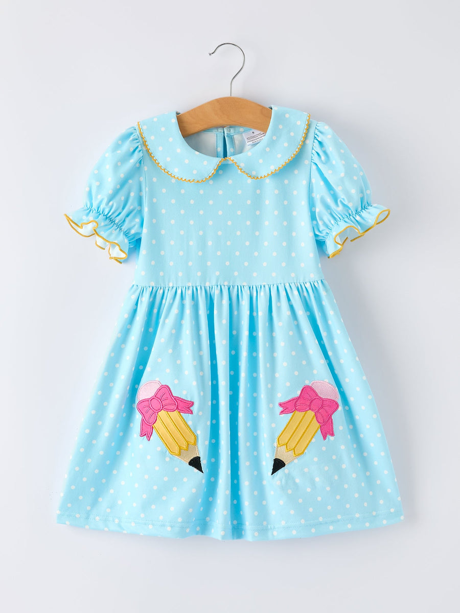 Back to School Polka Dot Girls Dress Pencil Bow Applique