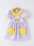 Back to School Bus Applique Ruffle Pocket Girls Dress - 1