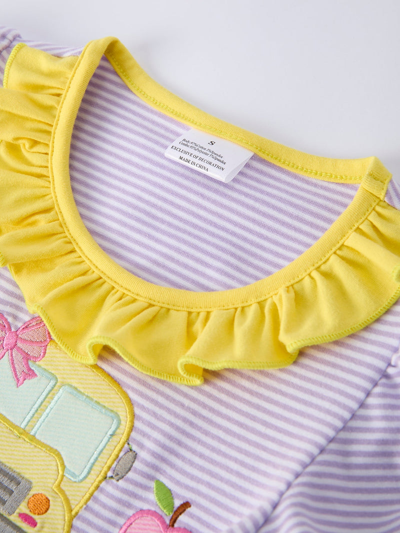 Back to School Bus Applique Ruffle Pocket Girls Dress - 3