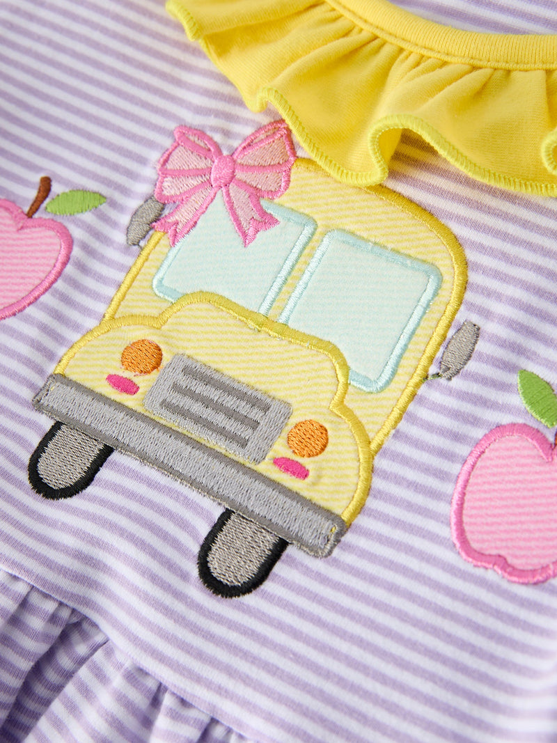 Back to School Bus Applique Ruffle Pocket Girls Dress - 4