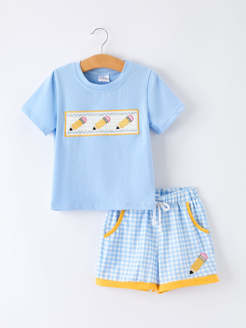 Back to School Pencil Boys Set Applique Plaid Shorts - 1