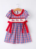 4th of July Plaid Flag Girl Dress With Bow - 1
