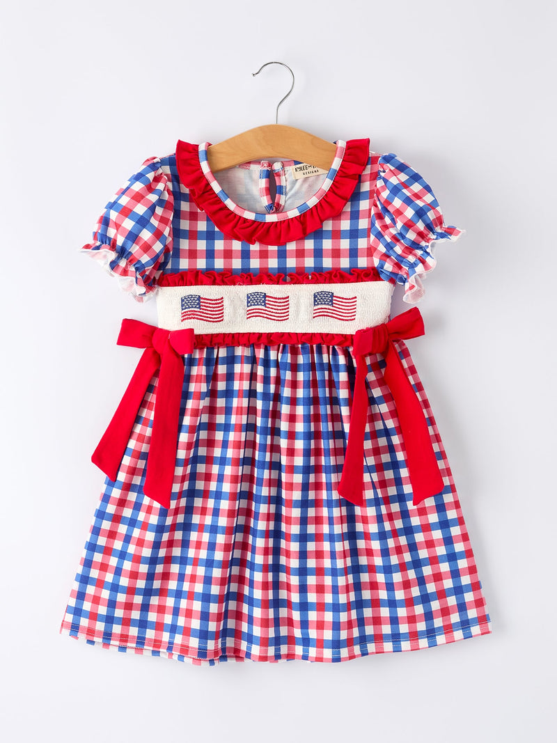 4th of July Plaid Flag Girl Dress With Bow - 1