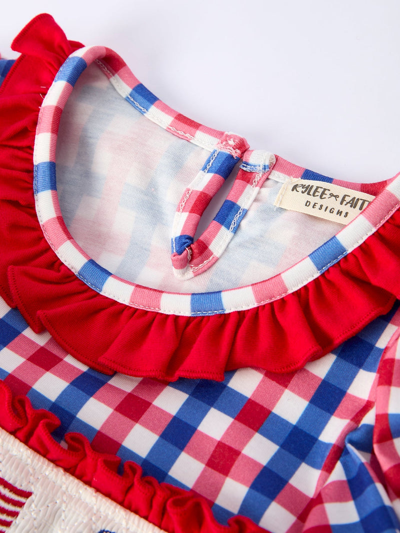 4th of July Plaid Flag Girl Dress With Bow - 3