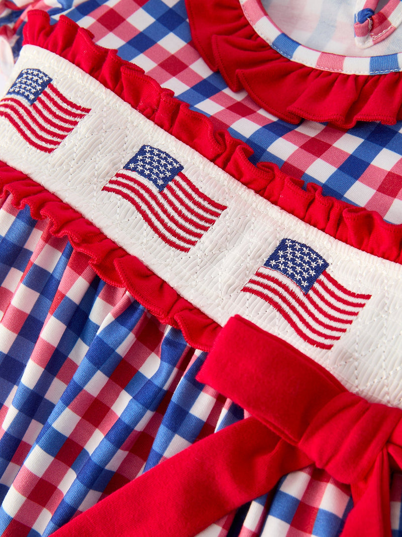 4th of July Plaid Flag Girl Dress With Bow - 4