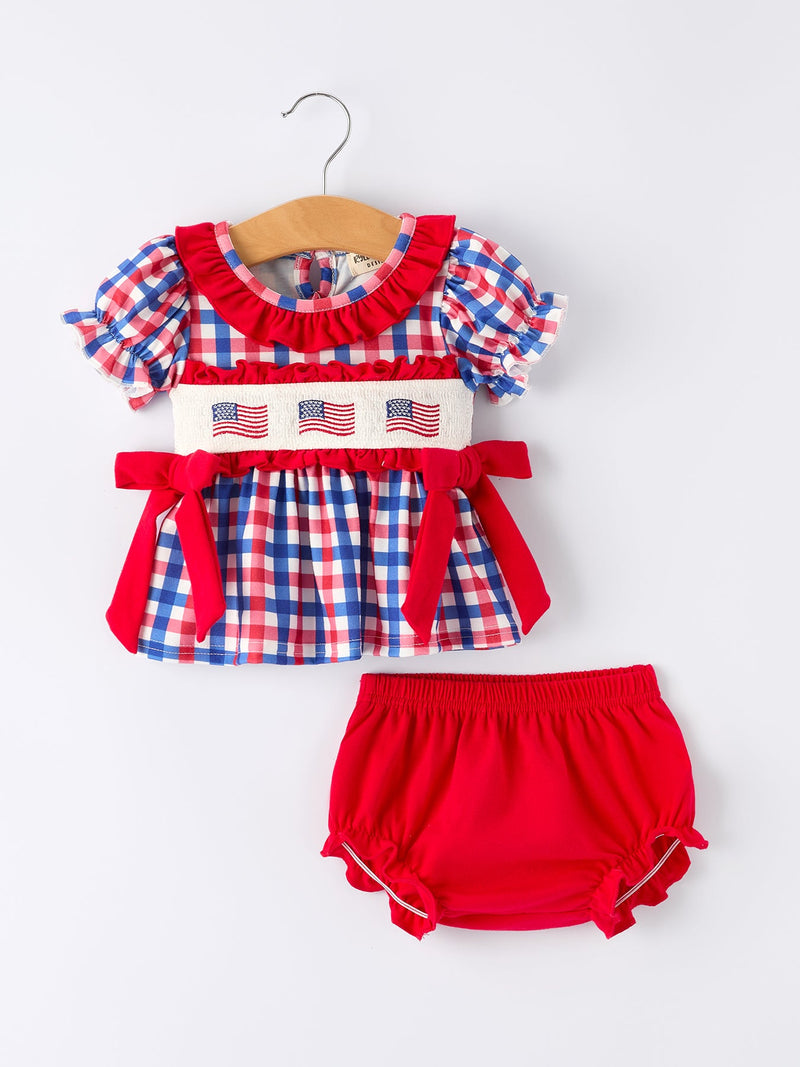 4th of July Plaid Flag Girl Bloomer Set With Bow - 1