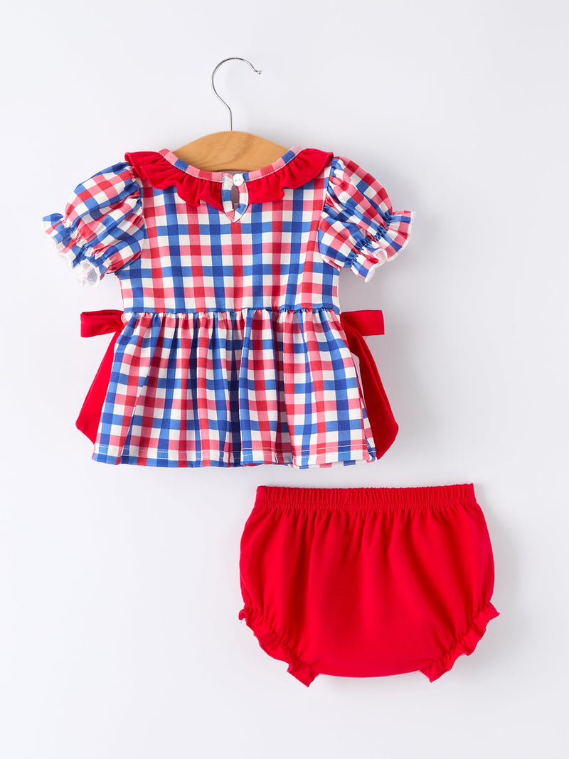 4th of July Plaid Flag Girl Bloomer Set With Bow - 3