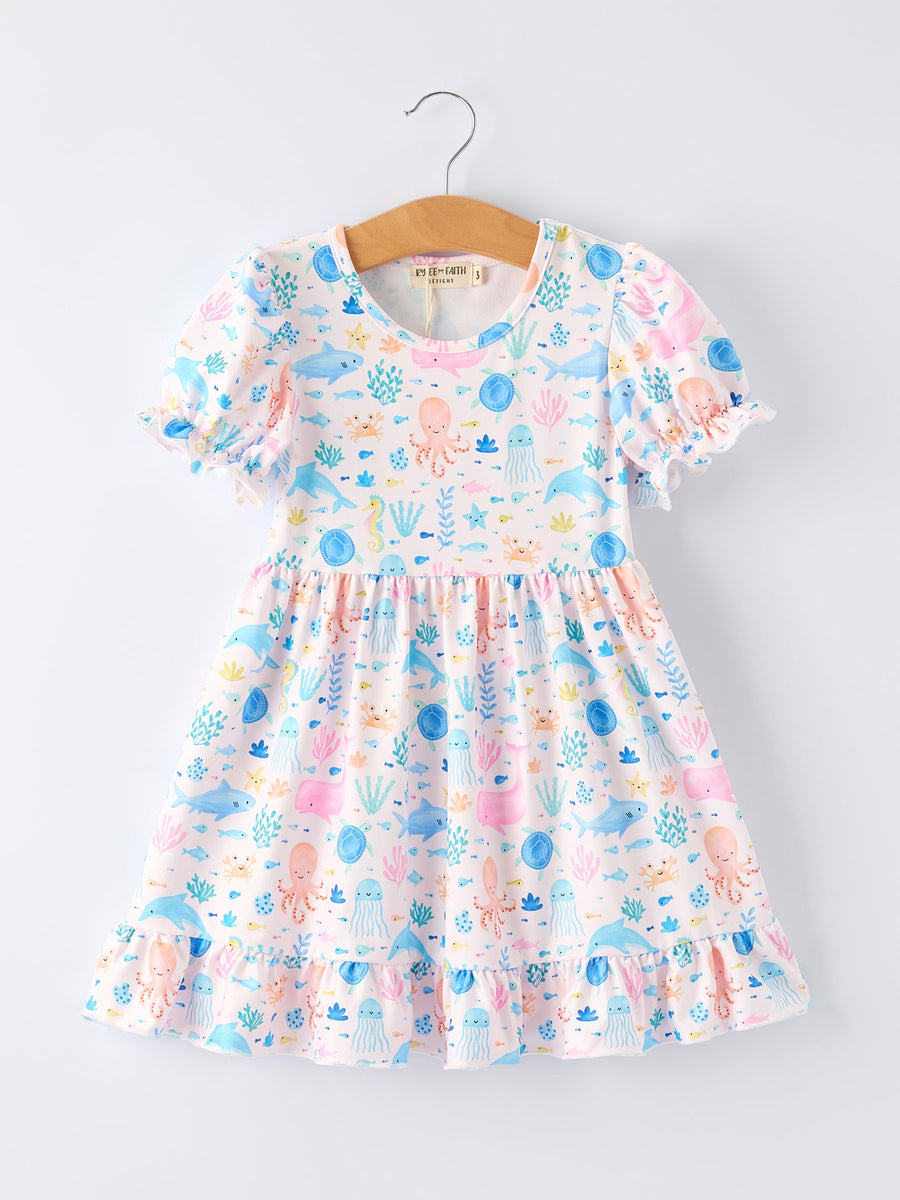 Ocean Animal Print Girl Ruffle Dress