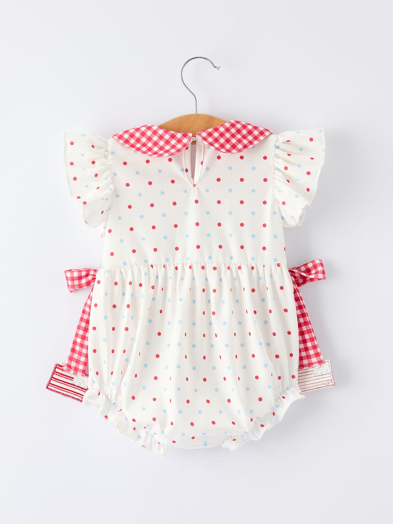 4th of July Dot Girls Romper Bow Ruffle Peter Pan Collar - 2