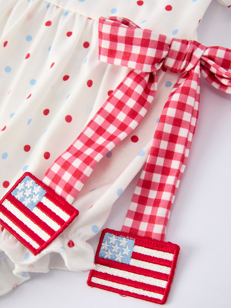 4th of July Dot Girls Romper Bow Ruffle Peter Pan Collar - 4