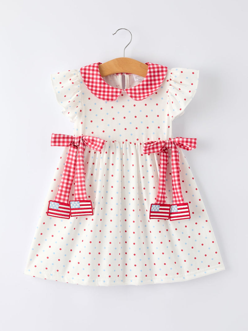 4th of July Dot Girls Dress Bow Ruffle Peter Pan Collar - 1