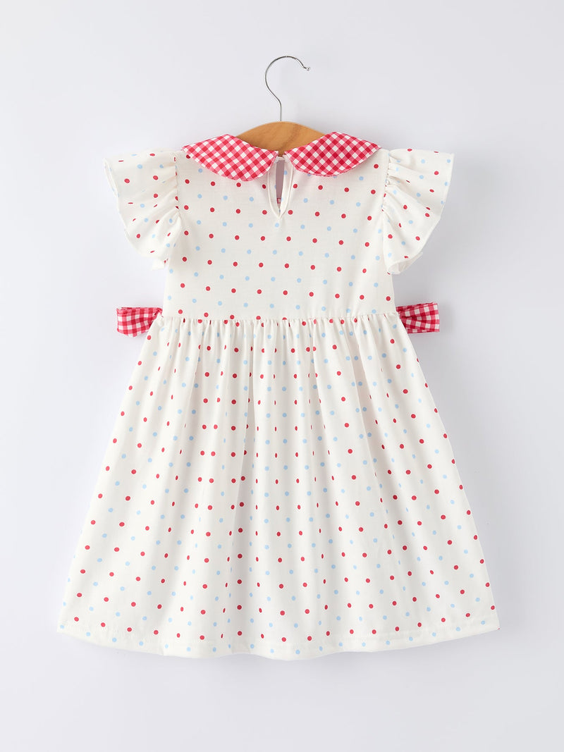 4th of July Dot Girls Dress Bow Ruffle Peter Pan Collar - 2