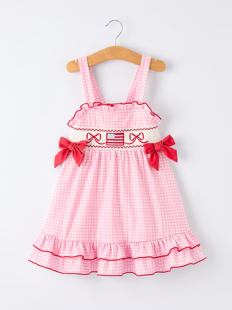 4th Of July Pink Plaid Bow Ruffle Dress - 1