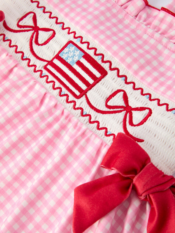 4th Of July Pink Plaid Bow Ruffle Dress