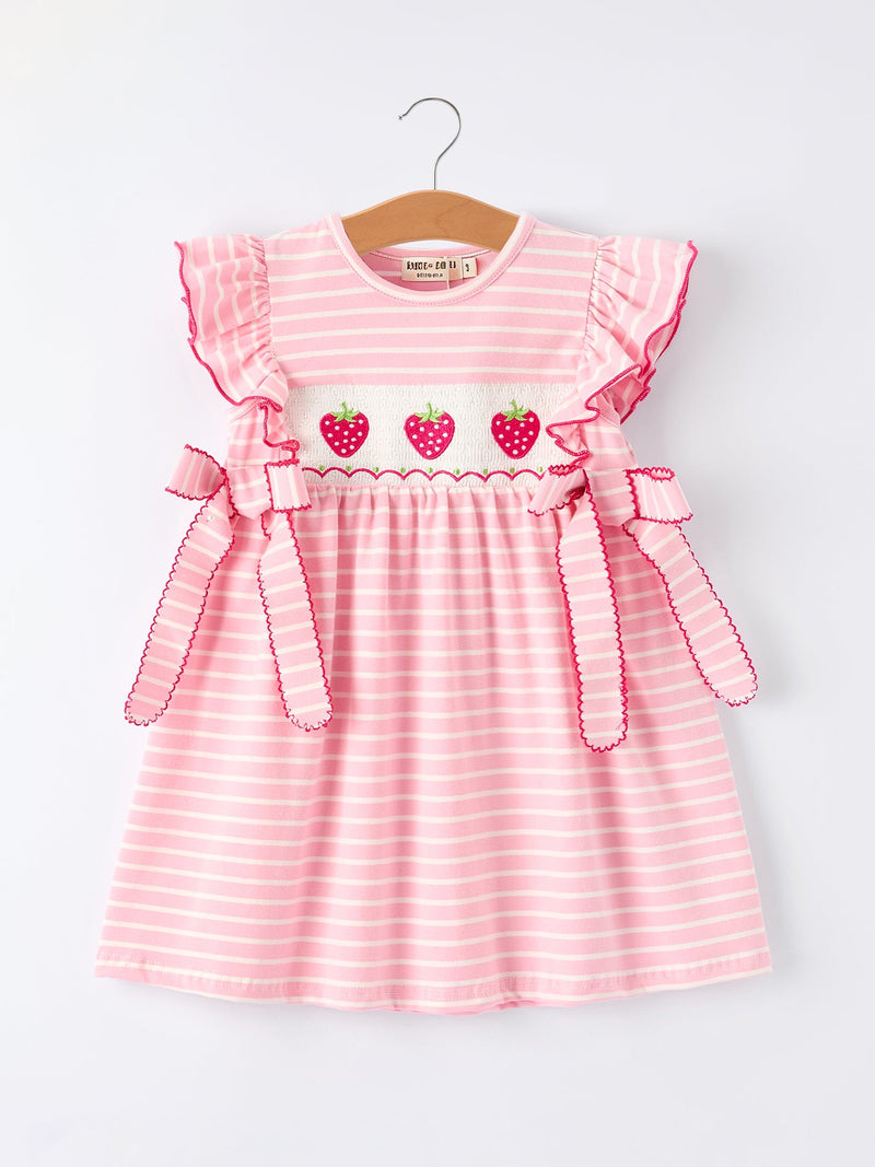 Strawberry Embroidery Pink Stripe Girl Smocked Dress - 1
