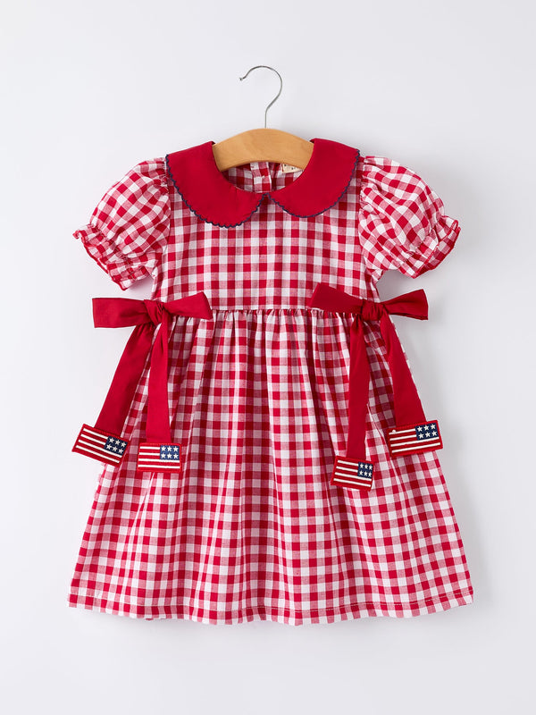 Girls 4th of July Flag Plaid Dress with Peter Pan Collar