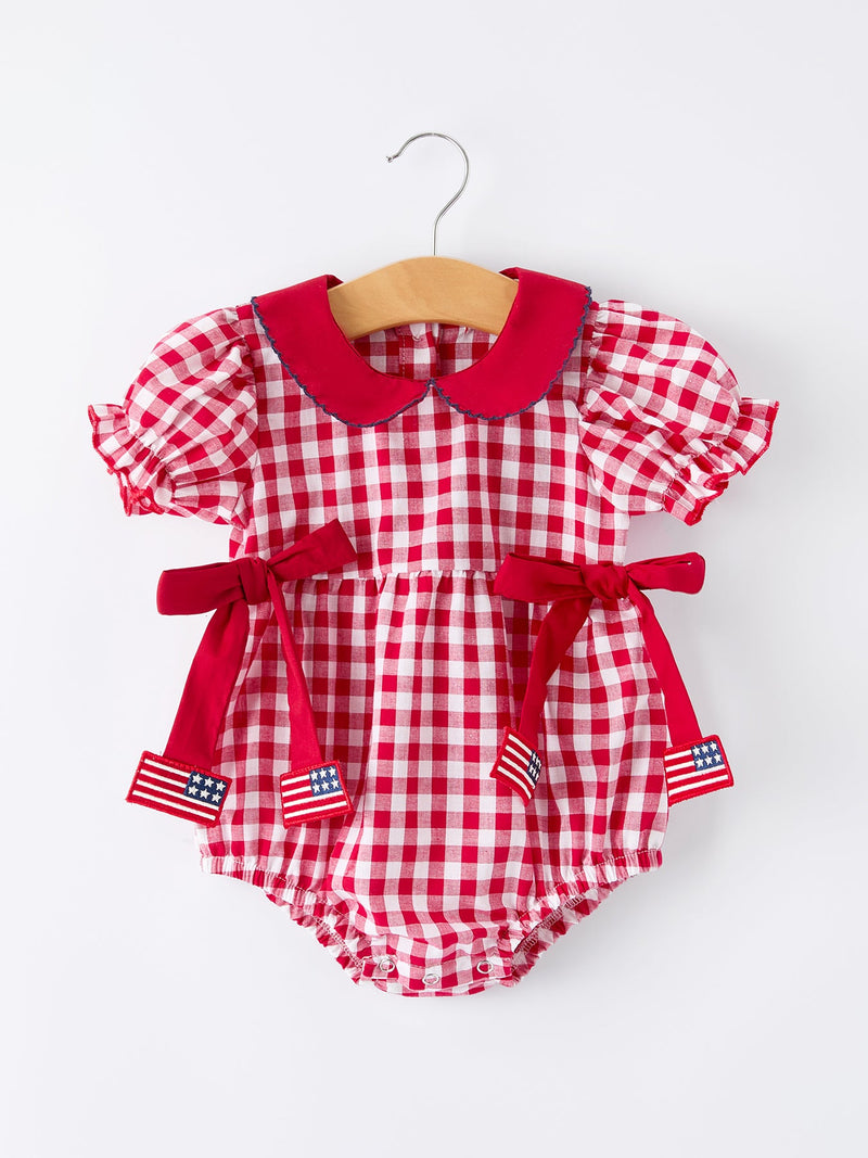 4th of July Flag Plaid Girl Peter Pan Collar Romper Bow - 5