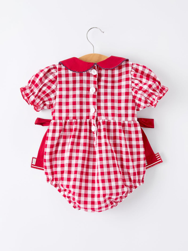 4th of July Flag Plaid Girl Peter Pan Collar Romper Bow - 6