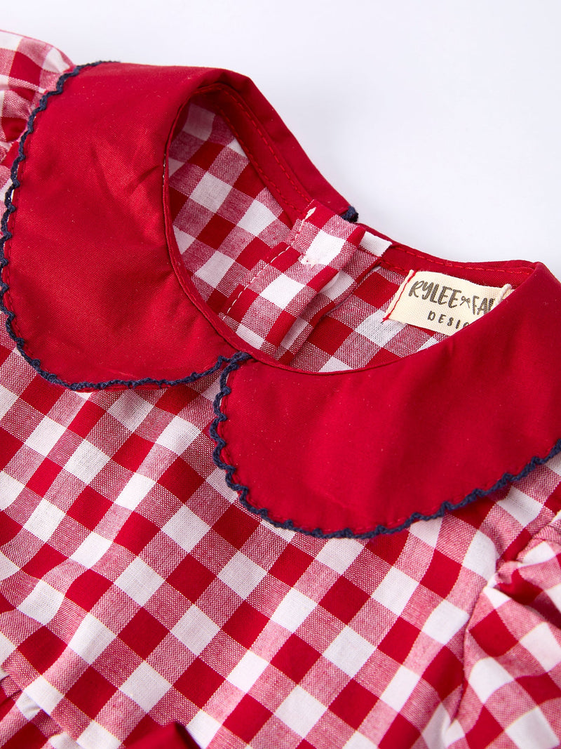 4th of July Flag Plaid Girl Peter Pan Collar Romper Bow - 7