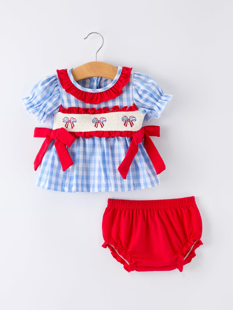 4th of july Plaid Smocking Girls Bloomer Set - 1