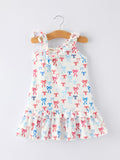 4th of july Bow Print Girls Dress One Shoulder Ruffle - 1