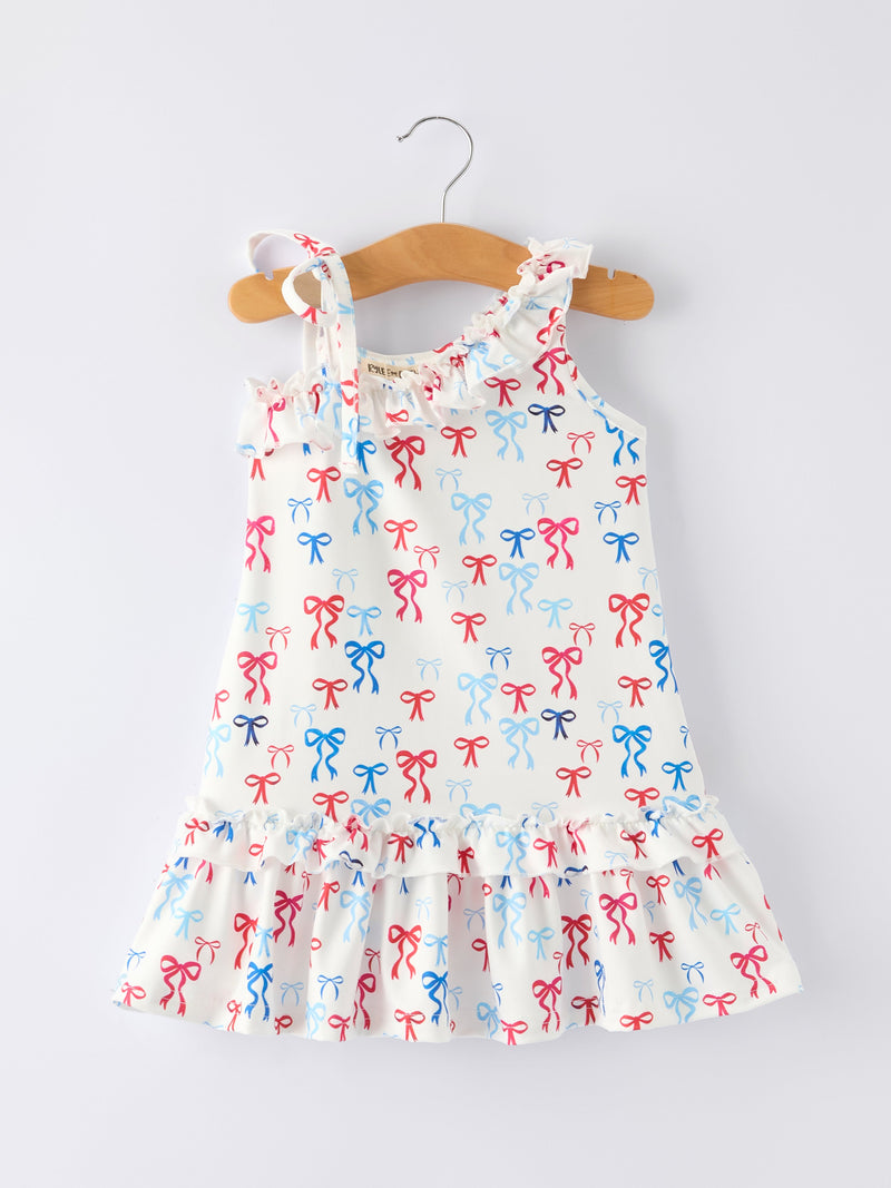 4th of july Bow Print Girls Dress One Shoulder Ruffle - 1