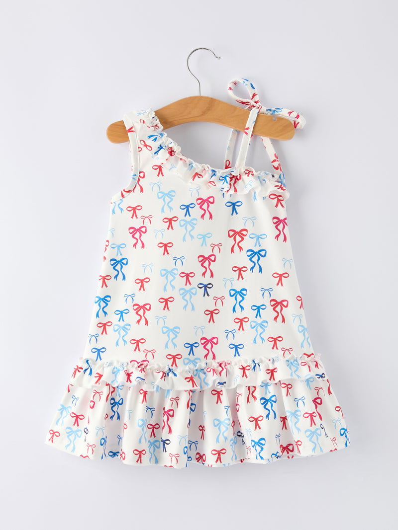 4th of july Bow Print Girls Dress One Shoulder Ruffle - 2