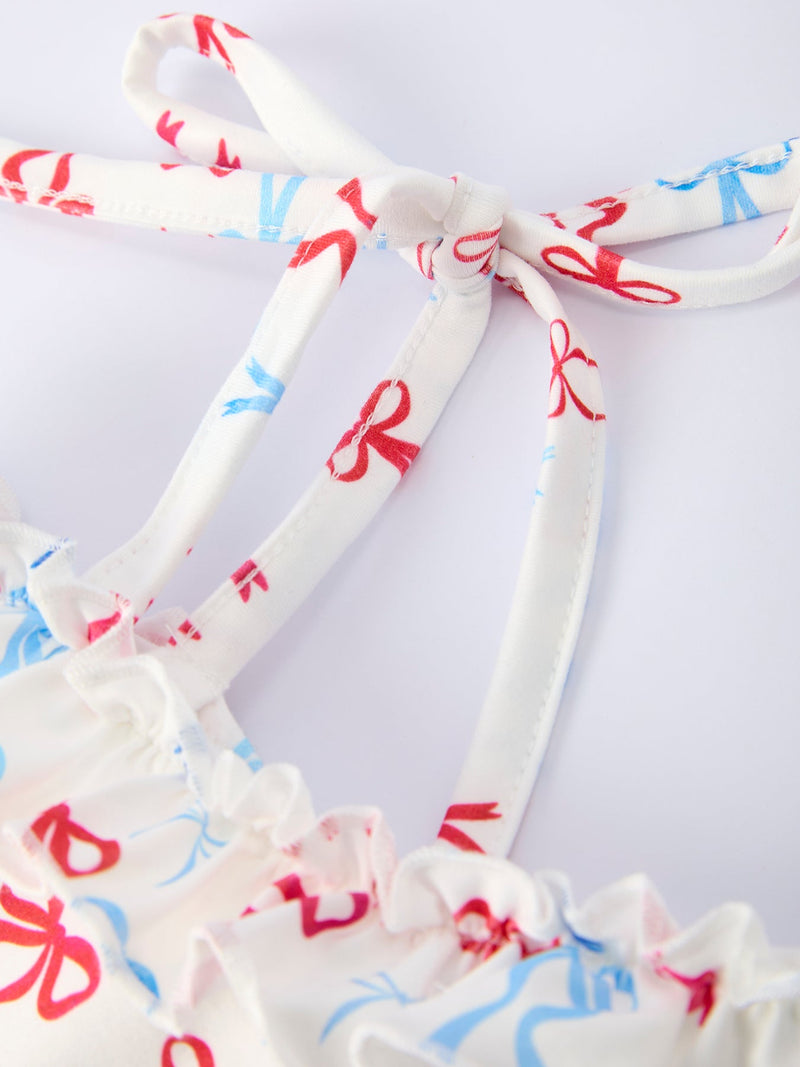 4th of july Bow Print Girls Dress One Shoulder Ruffle - 4