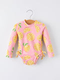 Summer Lemon Print Girl Long Sleeve Ruffle One Piece Swimsuit - 1