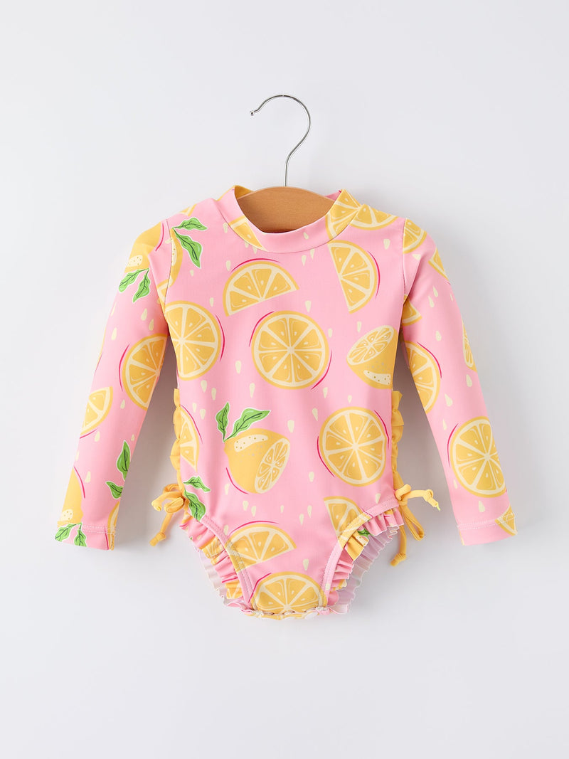Summer Lemon Print Girl Long Sleeve Ruffle One Piece Swimsuit - 1