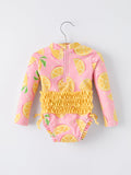 Summer Lemon Print Girl Long Sleeve Ruffle One Piece Swimsuit - 2